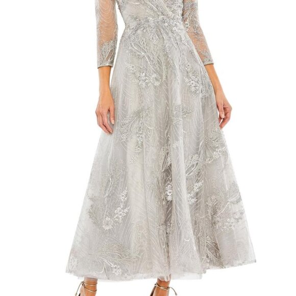Mac Duggal 20336 Size 8 Silver Embellished Wrap V-Neck 3/4 Sleeve Midi Dress - Picture 5 of 8